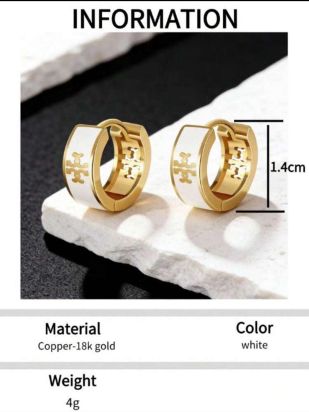 Tory Burch Gold and White Enamel Logo Huggie Hoop Earrings - Picture 3 of 3